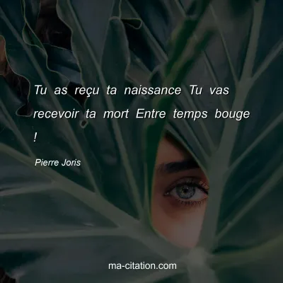 Pierre Joris : Tu as reÃ§u ta naissance Tu vas recevoir ta mort Entre temps bouge !