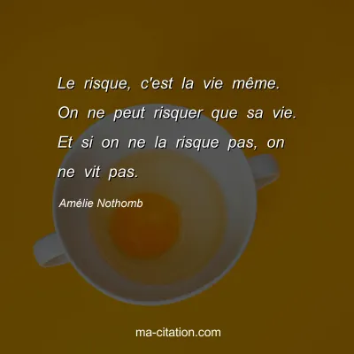 Amélie Nothomb : Le risque, c'est la vie même. On ne peut risquer que sa vie. Et si on ne la risque pas, on ne vit pas.