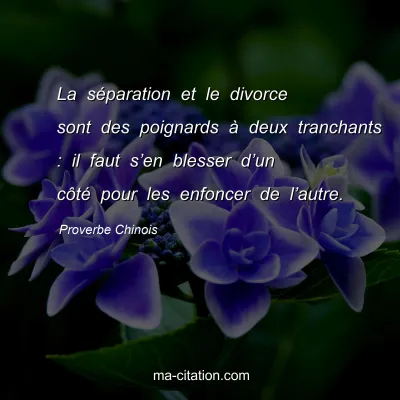 Proverbe Chinois : La sÃ©paration et le divorce sont des poignards Ã  deux tranchants : il faut sâ€™en blesser dâ€™un cÃ´tÃ© pour les enfoncer de lâ€™autre.
