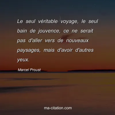 Marcel Proust : Le seul véritable voyage, le seul bain de jouvence, ce ne serait pas d'aller vers de nouveaux paysages, mais d'avoir d'autres yeux.
