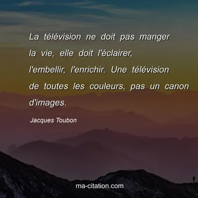 Jacques Toubon : La télévision ne doit pas manger la vie, elle doit l'éclairer, l'embellir, l'enrichir. Une télévision de toutes les couleurs, pas un canon d'images.