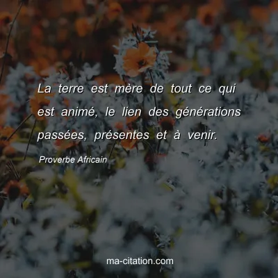 Proverbe Africain : La terre est mÃ¨re de tout ce qui est animÃ©, le lien des gÃ©nÃ©rations passÃ©es, prÃ©sentes et Ã  venir.
