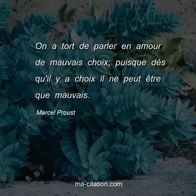Marcel Proust : On a tort de parler en amour de mauvais choix, puisque dès qu'il y a choix il ne peut être que mauvais.