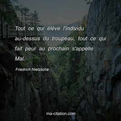 Friedrich Nietzsche : Tout ce qui Ã©lÃ¨ve l'individu au-dessus du troupeau, tout ce qui fait peur au prochain s'appelle Mal.