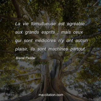 Blaise Pascal : La vie tumultueuse est agrÃ©able aux grands esprits ; mais ceux qui sont mÃ©diocres n'y ont aucun plaisir, ils sont machines partout.