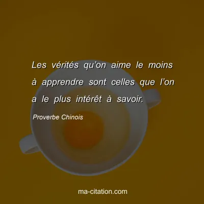 Proverbe Chinois : Les vÃ©ritÃ©s quâ€™on aime le moins Ã  apprendre sont celles que lâ€™on a le plus intÃ©rÃªt Ã  savoir.
