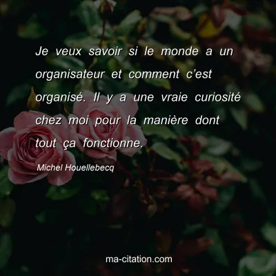 Michel Houellebecq : Je veux savoir si le monde a un organisateur et comment c’est organisé. Il y a une vraie curiosité chez moi pour la manière dont tout ça fonctionne.