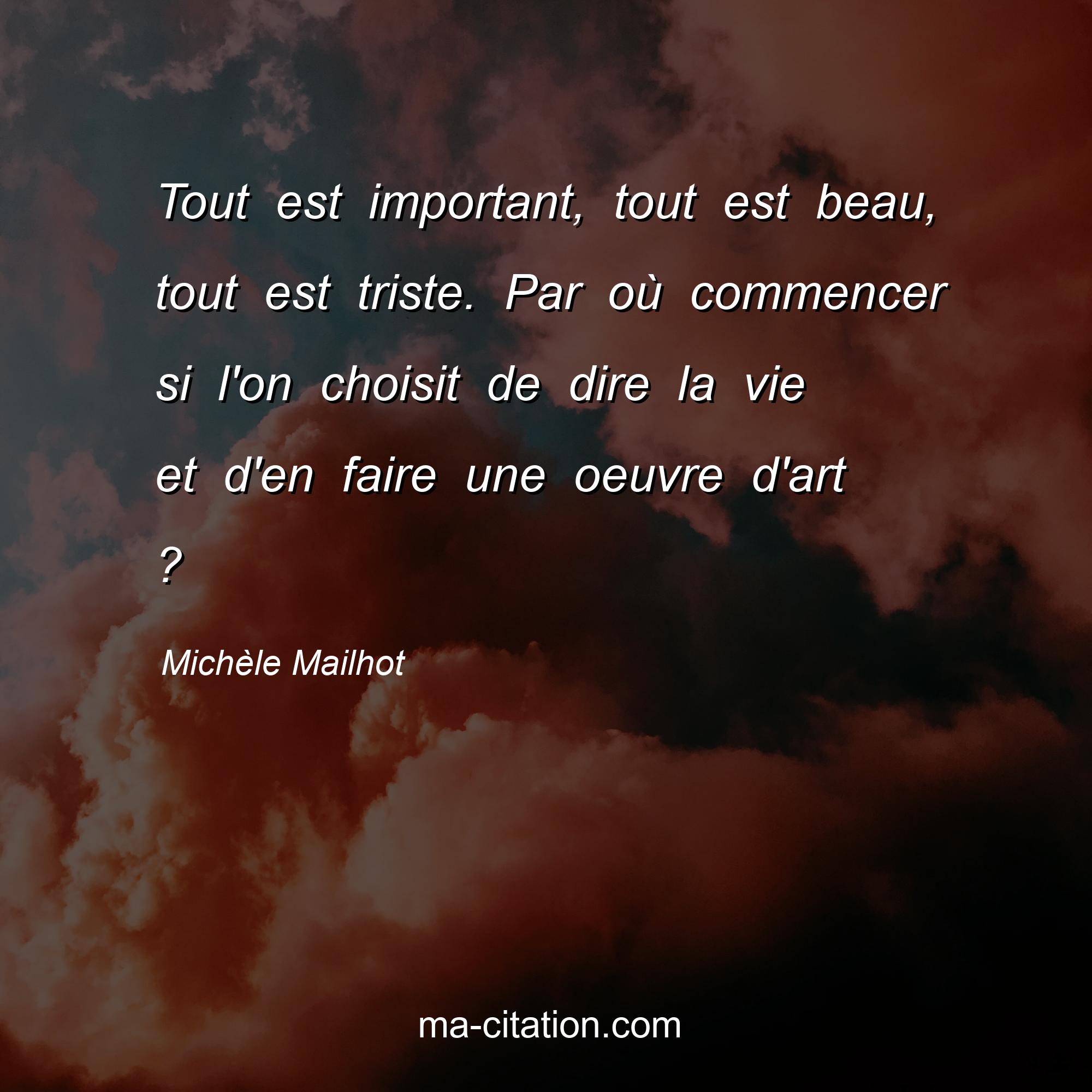 Michèle Mailhot : Tout est important, tout est beau, tout est triste. Par où commencer si l'on choisit de dire la vie et d'en faire une oeuvre d'art ?