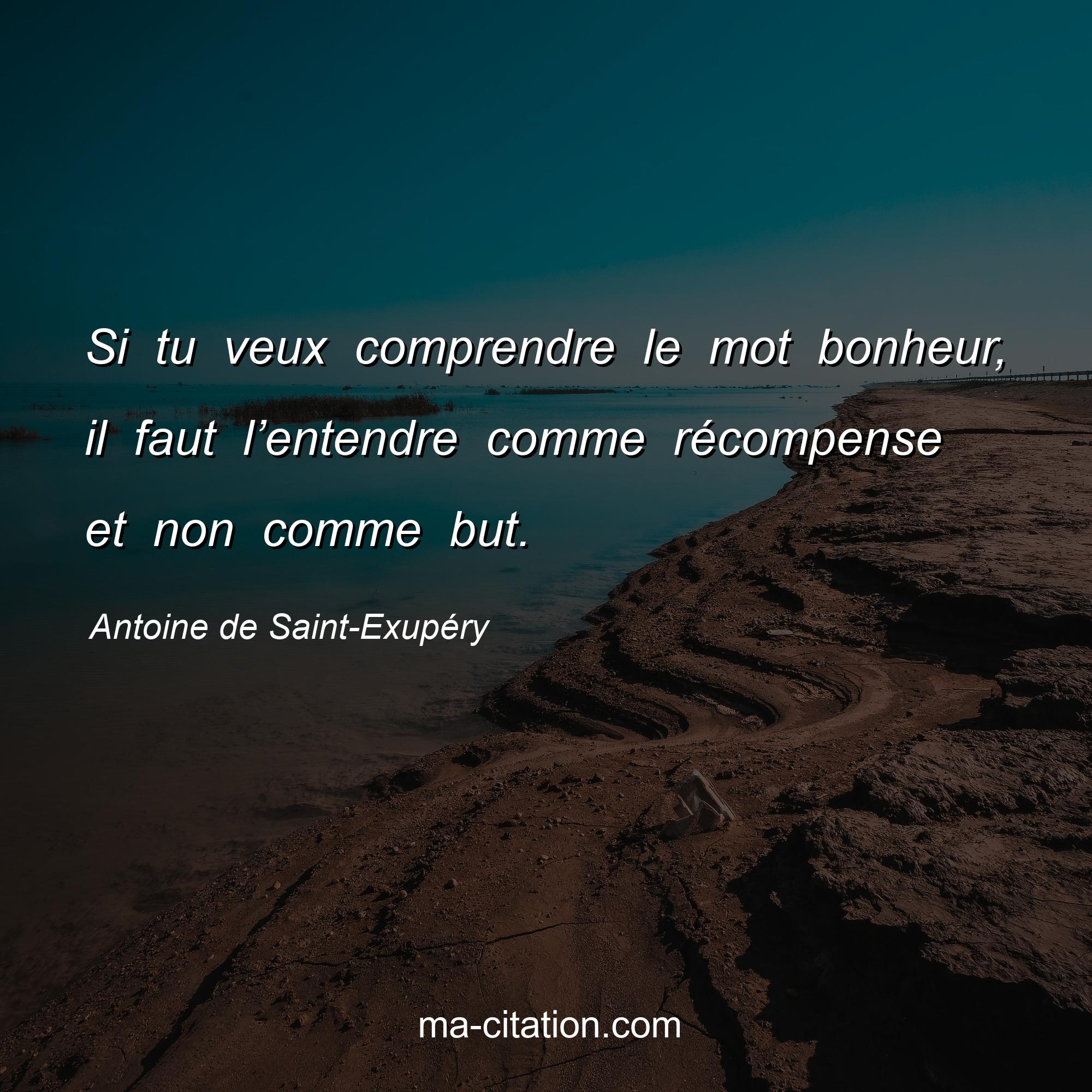 Antoine de Saint-Exupéry : Si tu veux comprendre le mot bonheur, il faut l’entendre comme récompense et non comme but.