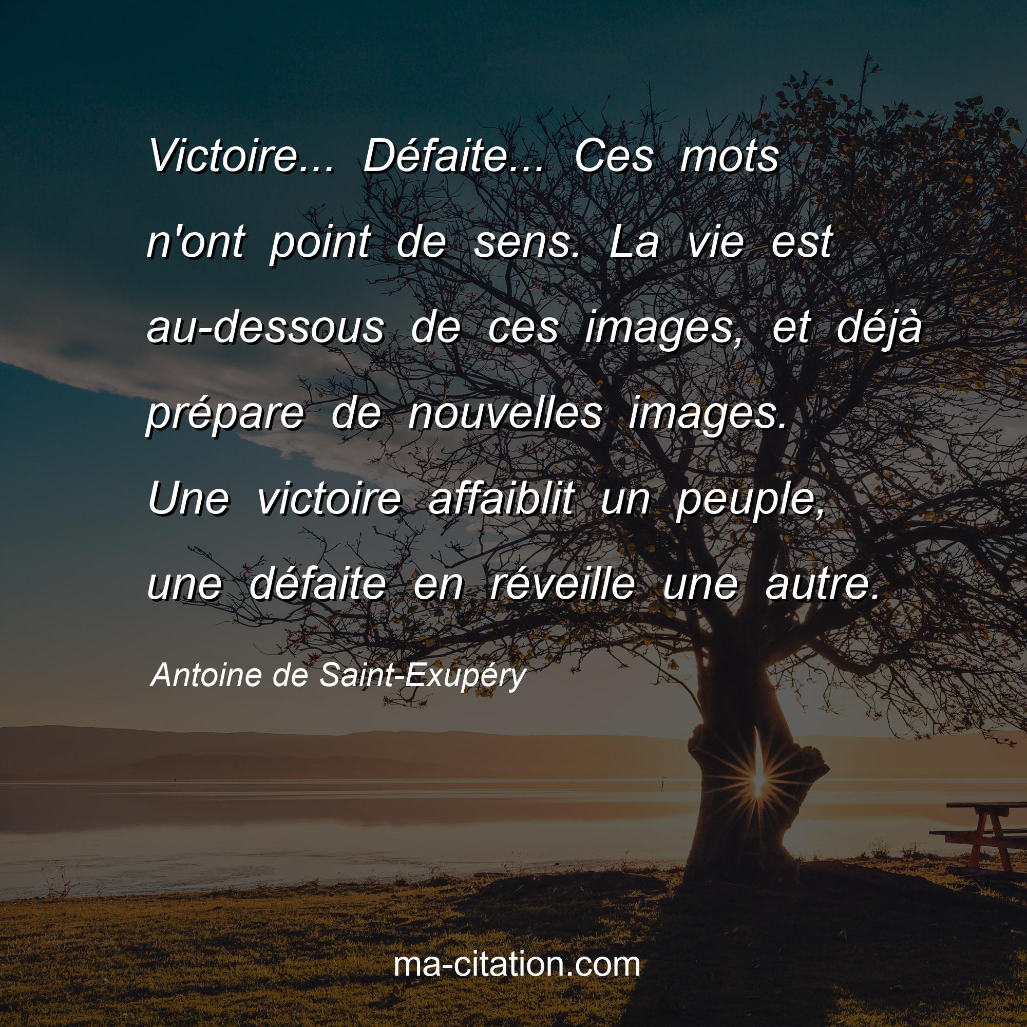 Antoine de Saint-Exupéry : Victoire... Défaite... Ces mots n'ont point de sens. La vie est au-dessous de ces images, et déjà prépare de nouvelles images. Une victoire affaiblit un peuple, une défaite en réveille une autre.